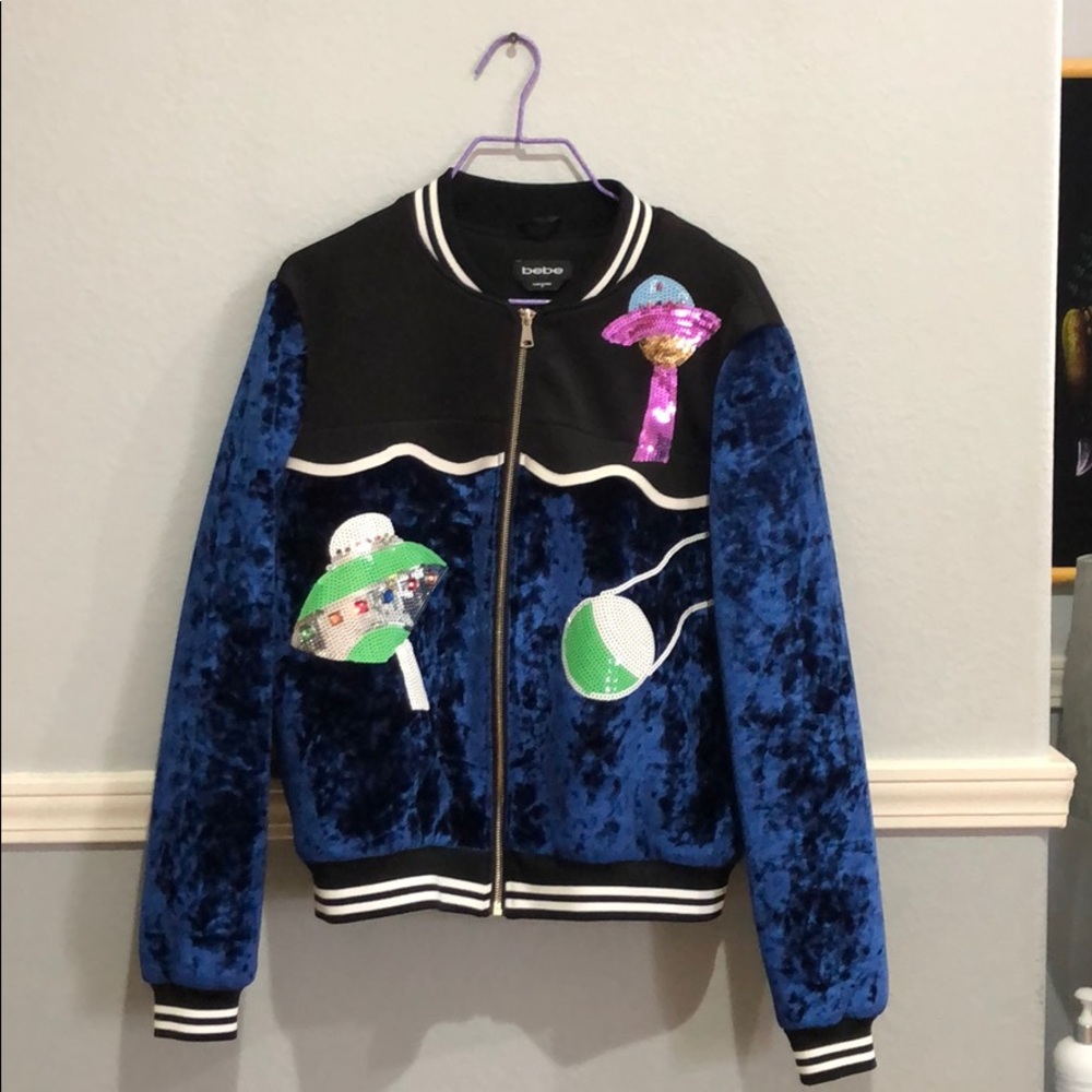 Bebe blue velvet outer space Bomber Jacket